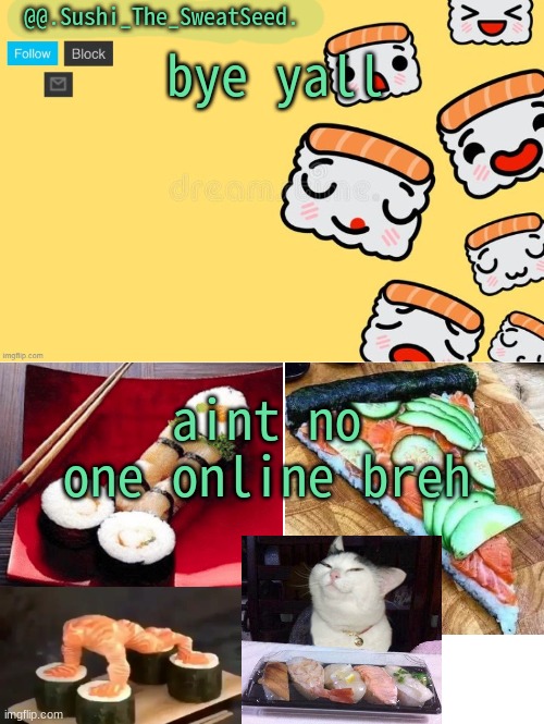 breh | bye yall; aint no one online breh | image tagged in sushi_the_sweatseed,bruh moment | made w/ Imgflip meme maker