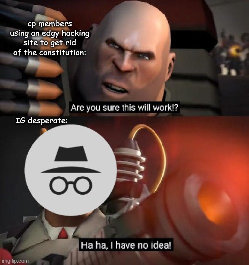 (just a joke btw, not anti CP) | cp members using an edgy hacking site to get rid of the constitution:; IG desperate: | image tagged in are you sure this will work ha ha i have no idea | made w/ Imgflip meme maker
