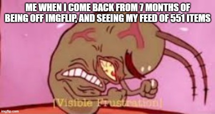 true |  ME WHEN I COME BACK FROM 7 MONTHS OF BEING OFF IMGFLIP, AND SEEING MY FEED OF 551 ITEMS | image tagged in visible frustration | made w/ Imgflip meme maker