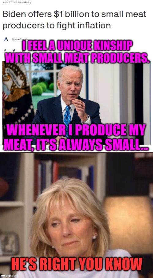 He said "small meat" | I FEEL A UNIQUE KINSHIP WITH SMALL MEAT PRODUCERS. WHENEVER I PRODUCE MY MEAT, IT'S ALWAYS SMALL... HE'S RIGHT YOU KNOW | image tagged in jill biden meme,joe biden | made w/ Imgflip meme maker