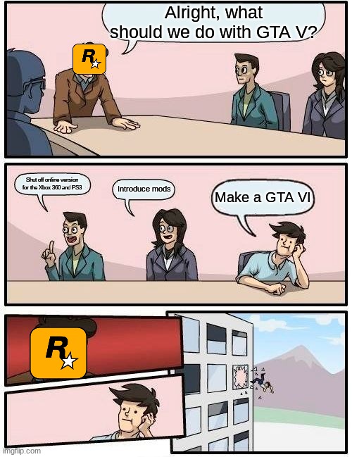 If Rockstar Screws Up GTA VI So Help Me... | Alright, what should we do with GTA V? Shut off online version for the Xbox 360 and PS3; Introduce mods; Make a GTA VI | image tagged in boardroom meeting suggestion,gta,barney will eat all of your delectable biscuits | made w/ Imgflip meme maker