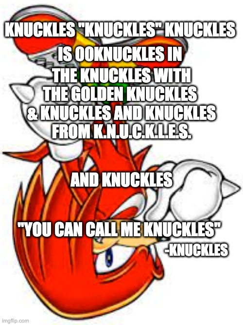 00K | KNUCKLES "KNUCKLES" KNUCKLES; IS 00KNUCKLES IN; THE KNUCKLES WITH THE GOLDEN KNUCKLES 
& KNUCKLES AND KNUCKLES FROM K.N.U.C.K.L.E.S. AND KNUCKLES; "YOU CAN CALL ME KNUCKLES"; -KNUCKLES | image tagged in knuckles,sonic the hedgehog | made w/ Imgflip meme maker
