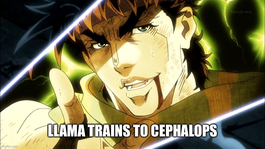 Funni joke | LLAMA TRAINS TO CEPHALOPS | image tagged in jojo meme | made w/ Imgflip meme maker