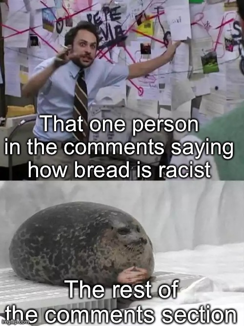 Man explaining to seal | That one person in the comments saying how bread is racist; The rest of the comments section | image tagged in man explaining to seal,comments,relatable,imgflip,oh wow are you actually reading these tags | made w/ Imgflip meme maker