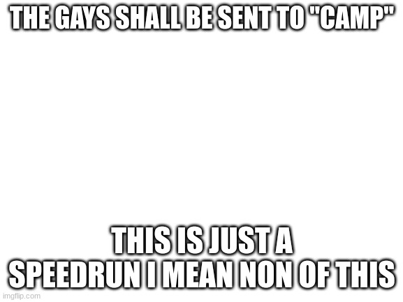 rule 3 broken now to go to rule 4 act mature | THE GAYS SHALL BE SENT TO "CAMP"; THIS IS JUST A SPEEDRUN I MEAN NON OF THIS | image tagged in blank white template | made w/ Imgflip meme maker