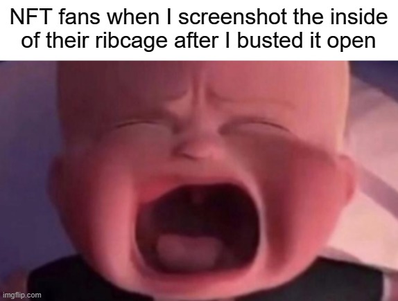 boss baby crying | NFT fans when I screenshot the inside of their ribcage after I busted it open | image tagged in boss baby crying | made w/ Imgflip meme maker