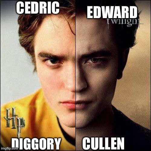 Same guy different name | CEDRIC; EDWARD; CULLEN; DIGGORY | image tagged in cedric diggory to edward cullen | made w/ Imgflip meme maker