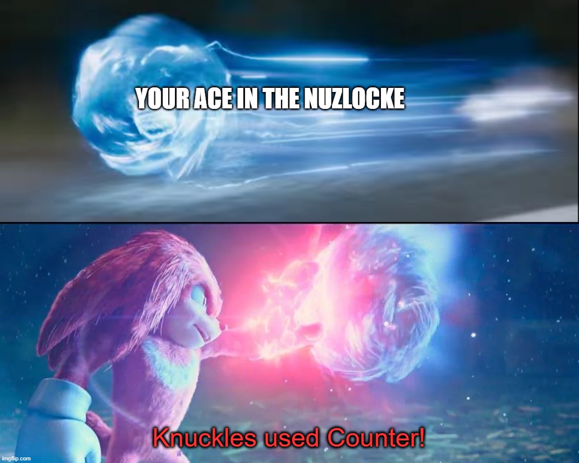 Knuckles Catches Sonic | YOUR ACE IN THE NUZLOCKE; Knuckles used Counter! | image tagged in knuckles catches sonic | made w/ Imgflip meme maker