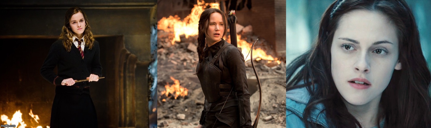 These are the most badass women ever | image tagged in katniss everdeen,hermione granger,bella,hunger games,harry potter,twilight | made w/ Imgflip meme maker
