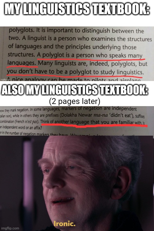 Confused screaming | MY LINGUISTICS TEXTBOOK:; ALSO MY LINGUISTICS TEXTBOOK:; (2 pages later) | image tagged in ironic | made w/ Imgflip meme maker