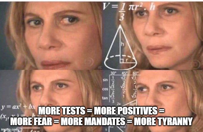 Math lady/Confused lady | MORE TESTS = MORE POSITIVES = MORE FEAR = MORE MANDATES = MORE TYRANNY | image tagged in math lady/confused lady | made w/ Imgflip meme maker