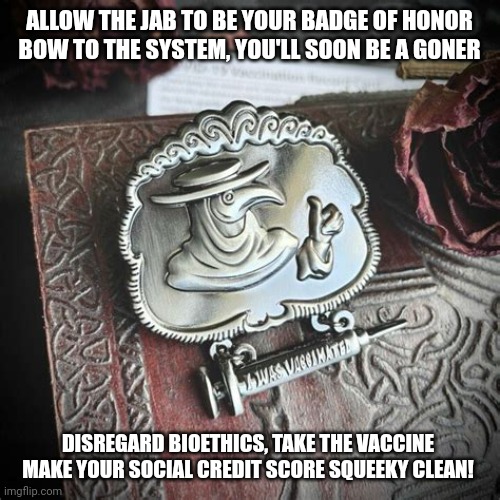 COVID VAXX SOCIAL CREDIT SCORE | ALLOW THE JAB TO BE YOUR BADGE OF HONOR
BOW TO THE SYSTEM, YOU'LL SOON BE A GONER; DISREGARD BIOETHICS, TAKE THE VACCINE MAKE YOUR SOCIAL CREDIT SCORE SQUEEKY CLEAN! | image tagged in covid vaxx badge of honor,covid-19,covid vaccine,social credit,political memes,funny memes | made w/ Imgflip meme maker