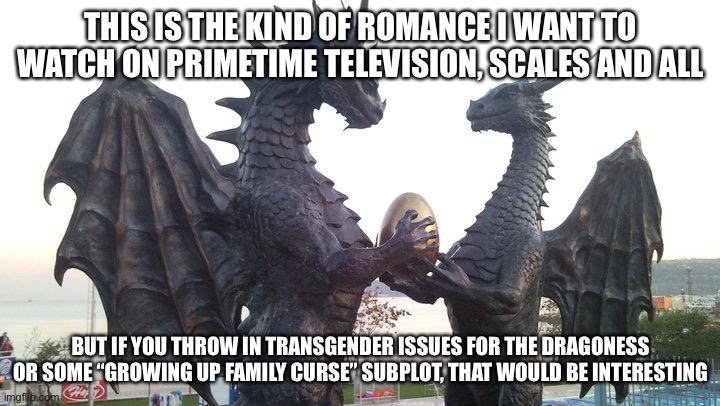 dragon couple | THIS IS THE KIND OF ROMANCE I WANT TO WATCH ON PRIMETIME TELEVISION, SCALES AND ALL; BUT IF YOU THROW IN TRANSGENDER ISSUES FOR THE DRAGONESS OR SOME “GROWING UP FAMILY CURSE” SUBPLOT, THAT WOULD BE INTERESTING | image tagged in dragon couple | made w/ Imgflip meme maker