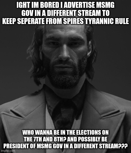 im just bored | IGHT IM BORED I ADVERTISE MSMG GOV IN A DIFFERENT STREAM TO KEEP SEPERATE FROM SPIRES TYRANNIC RULE; WHO WANNA BE IN THE ELECTIONS ON THE 7TH AND 8TH? AND POSSIBLY BE PRESIDENT OF MSMG GOV IN A DIFFERENT STREAM??? | made w/ Imgflip meme maker