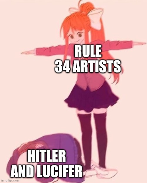 Pov:A rule 34 artist goes to hell | RULE 34 ARTISTS; HITLER AND LUCIFER | image tagged in anime t pose,rule 34 | made w/ Imgflip meme maker
