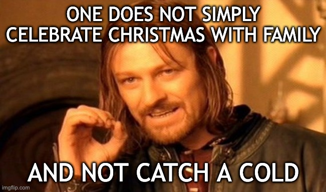 Simply a Christmas Cold | ONE DOES NOT SIMPLY CELEBRATE CHRISTMAS WITH FAMILY; AND NOT CATCH A COLD | image tagged in memes,one does not simply,christmas meme | made w/ Imgflip meme maker