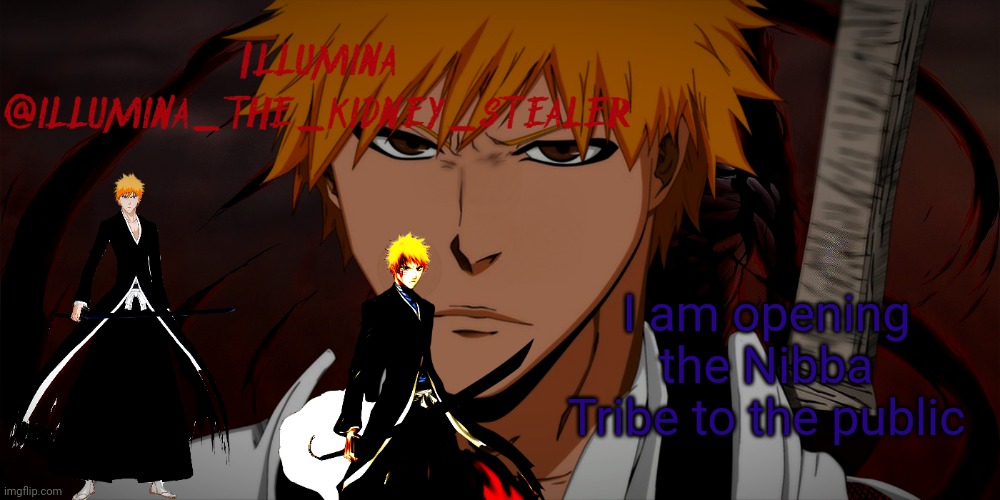 illumina ichigo temp | I am opening the Nibba Tribe to the public | image tagged in illumina ichigo temp | made w/ Imgflip meme maker