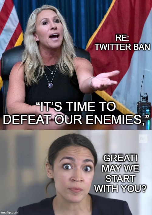 Enemies foreign and domestic | RE:
TWITTER BAN; “IT’S TIME TO DEFEAT OUR ENEMIES,”; GREAT! MAY WE START WITH YOU? | image tagged in marjorie taylor greene is this the holocaust,crazy alexandria ocasio-cortez,memes,twitter,ban | made w/ Imgflip meme maker
