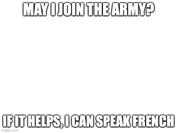 can i join the army? | MAY I JOIN THE ARMY? IF IT HELPS, I CAN SPEAK FRENCH | image tagged in blank white template | made w/ Imgflip meme maker