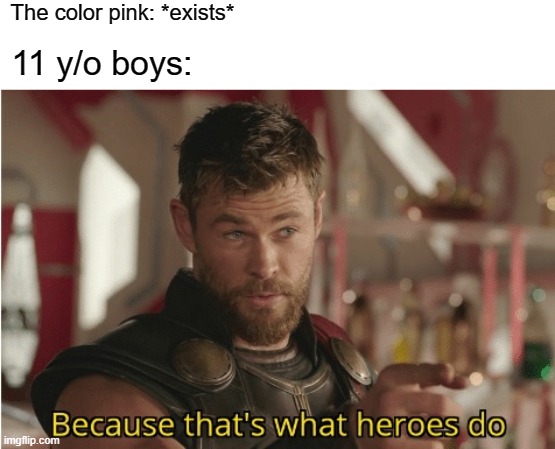 Color pink that only for boys | The color pink: *exists*; 11 y/o boys: | image tagged in that s what heroes do,memes | made w/ Imgflip meme maker