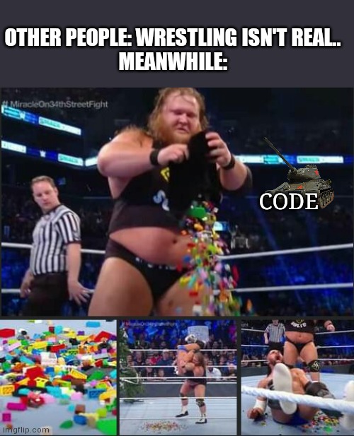 Yup Not Real? |  OTHER PEOPLE: WRESTLING ISN'T REAL..
MEANWHILE:; CODE | image tagged in wrestling,meme | made w/ Imgflip meme maker