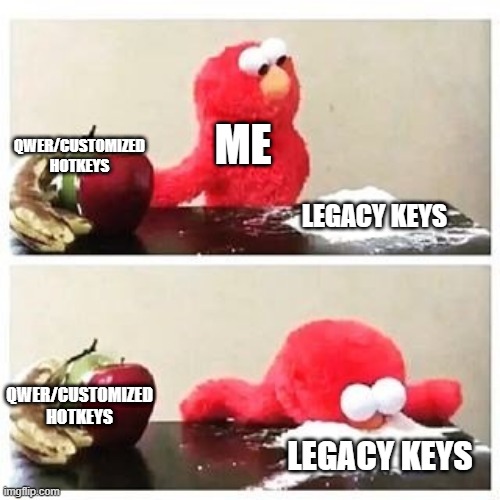 elmo cocaine | ME; QWER/CUSTOMIZED HOTKEYS; LEGACY KEYS; QWER/CUSTOMIZED HOTKEYS; LEGACY KEYS | image tagged in elmo cocaine | made w/ Imgflip meme maker