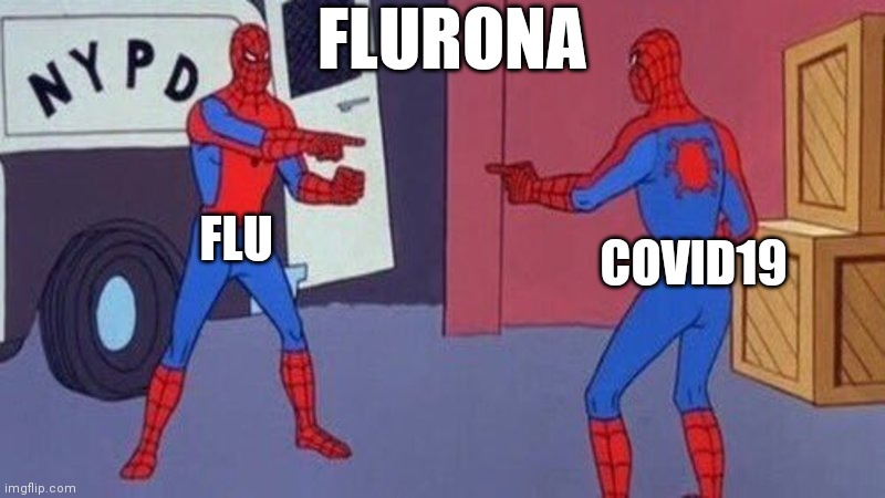 spiderman pointing at spiderman | FLURONA; FLU; COVID19 | image tagged in spiderman pointing at spiderman | made w/ Imgflip meme maker