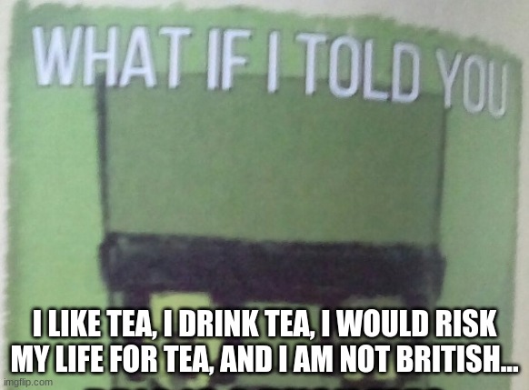 It's true | I LIKE TEA, I DRINK TEA, I WOULD RISK MY LIFE FOR TEA, AND I AM NOT BRITISH... | image tagged in diary of an 8-bit warrior brio what if i told you,tea,memes | made w/ Imgflip meme maker