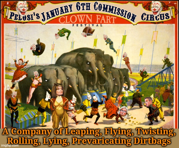 Pelosi's January 6th Commission Circus |  A Company of Leaping, Flying, Twisting, Rolling, Lying, Prevaricating Dirtbags | image tagged in nancy pelosi is crazy,alcoholic,circus,dirt,bags | made w/ Imgflip meme maker