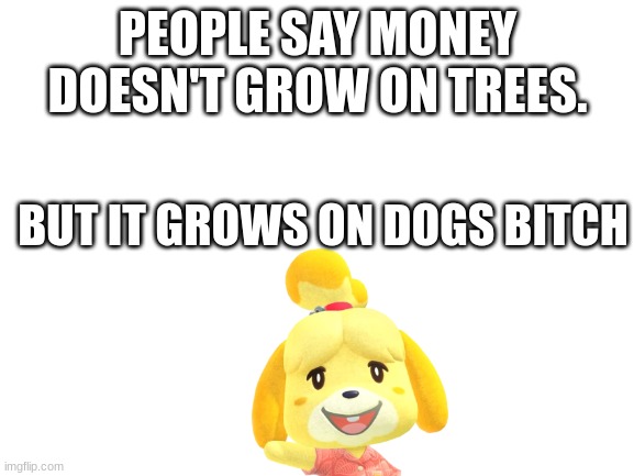 Bell head go brrrrrrrrr | PEOPLE SAY MONEY DOESN'T GROW ON TREES. BUT IT GROWS ON DOGS BITCH | image tagged in blank white template | made w/ Imgflip meme maker