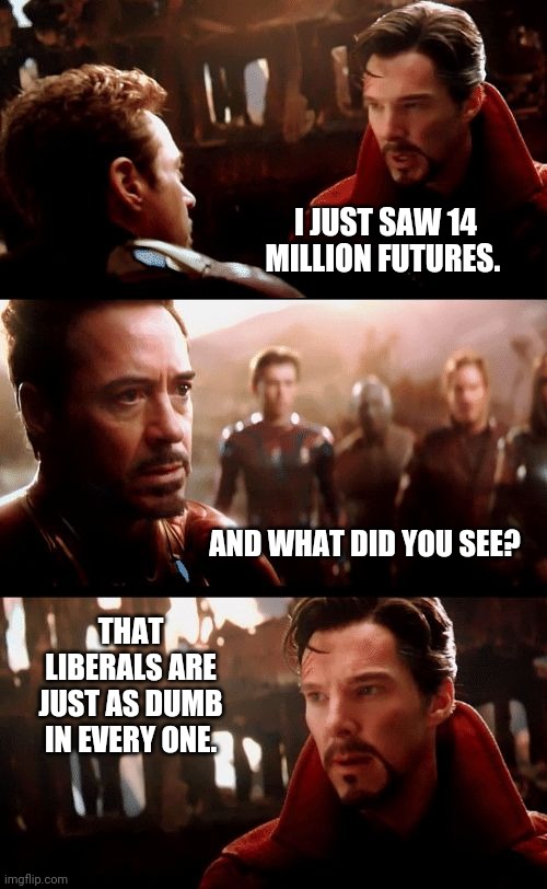 There's no hope for the libs. | I JUST SAW 14 MILLION FUTURES. AND WHAT DID YOU SEE? THAT LIBERALS ARE JUST AS DUMB IN EVERY ONE. | image tagged in infinity war - 14mil futures | made w/ Imgflip meme maker