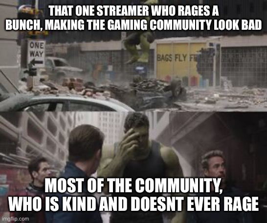E | THAT ONE STREAMER WHO RAGES A BUNCH, MAKING THE GAMING COMMUNITY LOOK BAD; MOST OF THE COMMUNITY, WHO IS KIND AND DOESNT EVER RAGE | image tagged in regretful hulk | made w/ Imgflip meme maker