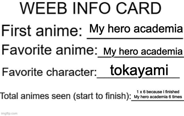 Weeb info card | My hero academia; My hero academia; tokayami; 1 x 6 because i finished My hero academia 6 times | image tagged in weeb info card | made w/ Imgflip meme maker