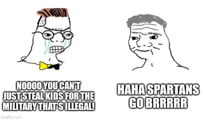 Idk insert title here | NOOOO YOU CAN'T JUST STEAL KIDS FOR THE MILITARY THAT'S ILLEGAL! HAHA SPARTANS GO BRRRRR | image tagged in noooo you can't just | made w/ Imgflip meme maker