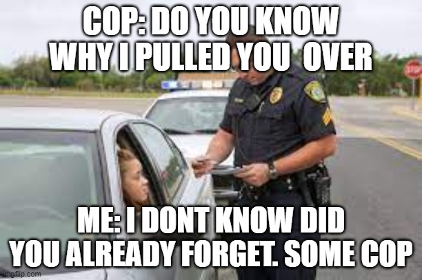 cant come up with title | COP: DO YOU KNOW WHY I PULLED YOU  OVER; ME: I DONT KNOW DID YOU ALREADY FORGET. SOME COP | image tagged in cop person | made w/ Imgflip meme maker