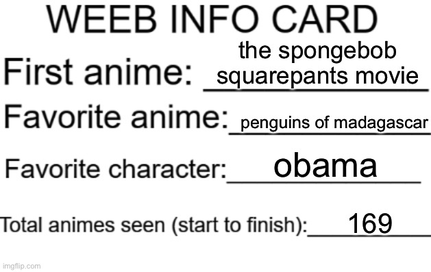 Weeb info card | the spongebob squarepants movie; penguins of madagascar; obama; 169 | image tagged in weeb info card | made w/ Imgflip meme maker