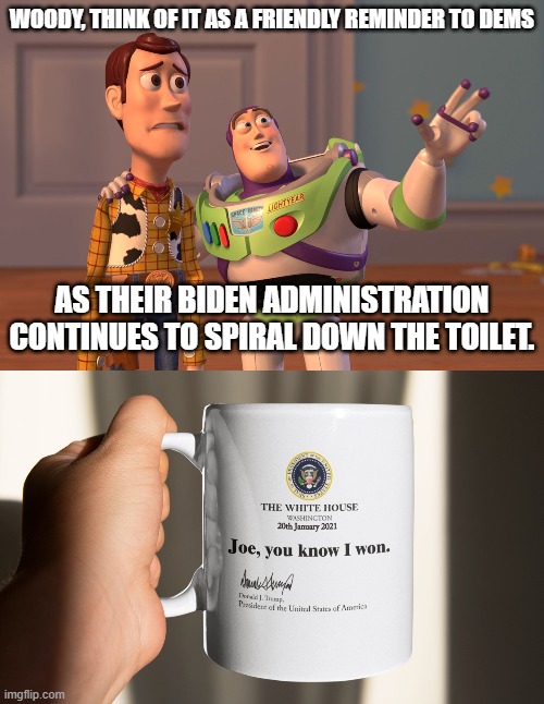 Just a friendly reminder now that it is the mid-terms election cycle year. | WOODY, THINK OF IT AS A FRIENDLY REMINDER TO DEMS; AS THEIR BIDEN ADMINISTRATION CONTINUES TO SPIRAL DOWN THE TOILET. | image tagged in memes,x x everywhere | made w/ Imgflip meme maker