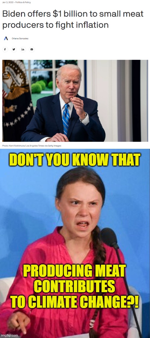 Greta lectures Joe... | DON'T YOU KNOW THAT; PRODUCING MEAT CONTRIBUTES TO CLIMATE CHANGE?! | image tagged in greta thunberg how dare you,joe biden,inflation,climate change,liberal hypocrisy | made w/ Imgflip meme maker