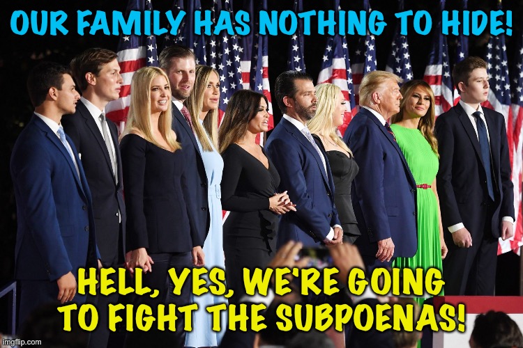 Nothing to hide? |  OUR FAMILY HAS NOTHING TO HIDE! HELL, YES, WE'RE GOING TO FIGHT THE SUBPOENAS! | image tagged in trumps | made w/ Imgflip meme maker
