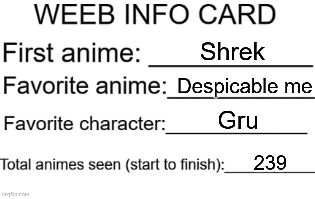 Weeb info card | Shrek; Despicable me; Gru; 239 | image tagged in weeb info card | made w/ Imgflip meme maker