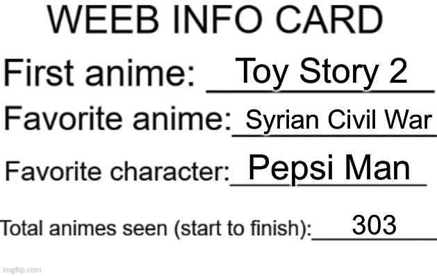 Weeb info card | Toy Story 2; Syrian Civil War; Pepsi Man; 303 | image tagged in weeb info card | made w/ Imgflip meme maker
