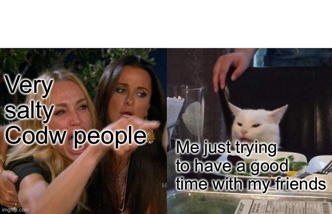 Woman Yelling At Cat | Very salty Codw people; Me just trying to have a good time with my friends | image tagged in memes,woman yelling at cat | made w/ Imgflip meme maker