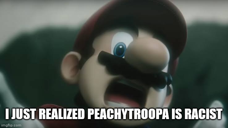 Bitch | I JUST REALIZED PEACHYTROOPA IS RACIST | image tagged in scared mario | made w/ Imgflip meme maker