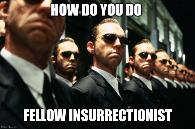 multiple agent smiths from the matrix | HOW DO YOU DO FELLOW INSURRECTIONIST | image tagged in multiple agent smiths from the matrix | made w/ Imgflip meme maker