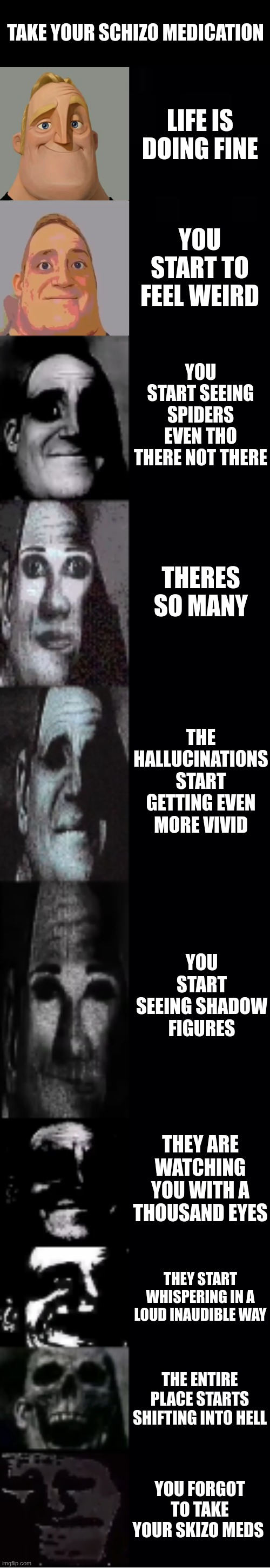 take your skizo medication | TAKE YOUR SCHIZO MEDICATION; LIFE IS DOING FINE; YOU START TO FEEL WEIRD; YOU START SEEING SPIDERS EVEN THO THERE NOT THERE; THERES SO MANY; THE HALLUCINATIONS START GETTING EVEN MORE VIVID; YOU START SEEING SHADOW FIGURES; THEY ARE WATCHING YOU WITH A THOUSAND EYES; THEY START WHISPERING IN A LOUD INAUDIBLE WAY; THE ENTIRE PLACE STARTS SHIFTING INTO HELL; YOU FORGOT TO TAKE YOUR SKIZO MEDS | image tagged in mr incredible becoming uncanny | made w/ Imgflip meme maker
