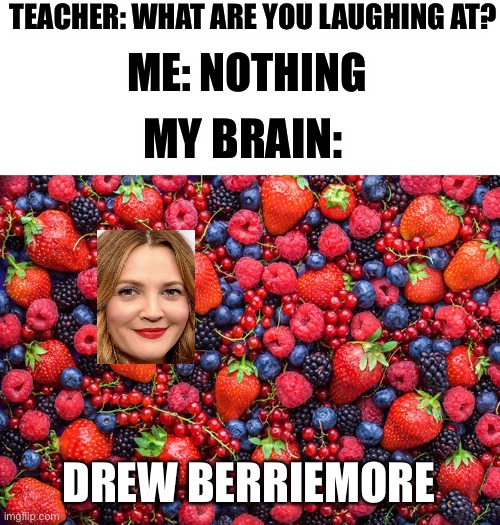 I found ma berries | TEACHER: WHAT ARE YOU LAUGHING AT? ME: NOTHING; MY BRAIN:; DREW BERRIEMORE | image tagged in berries,drew barrymore | made w/ Imgflip meme maker