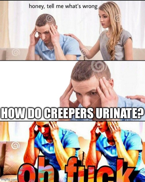 Think about that for a second. How do Mincraft Creepers Urinate? | HOW DO CREEPERS URINATE? | image tagged in oh f ck | made w/ Imgflip meme maker