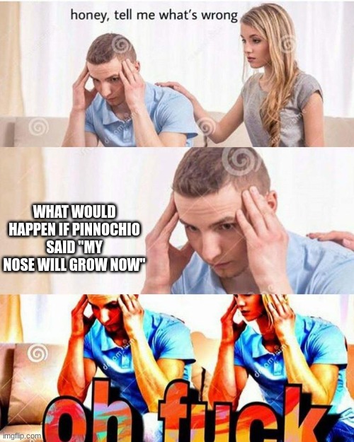 honey, tell me what's wrong | WHAT WOULD HAPPEN IF PINNOCHIO SAID "MY NOSE WILL GROW NOW" | image tagged in honey tell me what's wrong | made w/ Imgflip meme maker