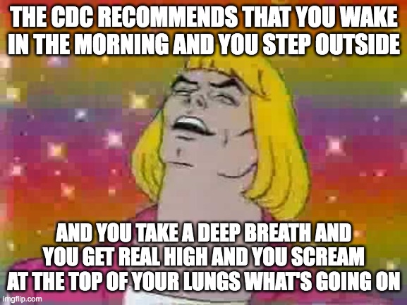 CDC Says He man |  THE CDC RECOMMENDS THAT YOU WAKE IN THE MORNING AND YOU STEP OUTSIDE; AND YOU TAKE A DEEP BREATH AND YOU GET REAL HIGH AND YOU SCREAM AT THE TOP OF YOUR LUNGS WHAT'S GOING ON | image tagged in he man,cdc | made w/ Imgflip meme maker