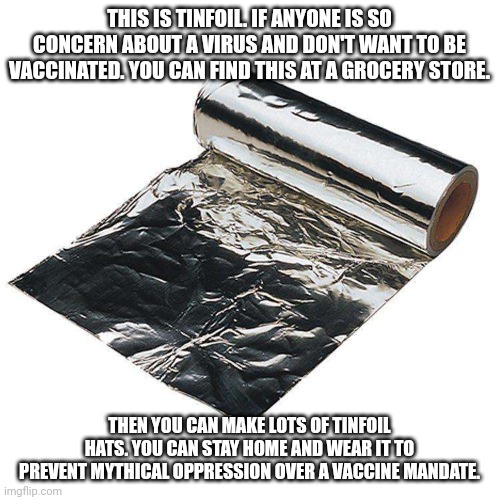 Tinfoil Hats and anti-Vaxxers | THIS IS TINFOIL. IF ANYONE IS SO CONCERN ABOUT A VIRUS AND DON'T WANT TO BE VACCINATED. YOU CAN FIND THIS AT A GROCERY STORE. THEN YOU CAN MAKE LOTS OF TINFOIL HATS. YOU CAN STAY HOME AND WEAR IT TO PREVENT MYTHICAL OPPRESSION OVER A VACCINE MANDATE. | image tagged in antivax,tinfoil hat,lunatic,joe biden,donald trump,covid19 | made w/ Imgflip meme maker